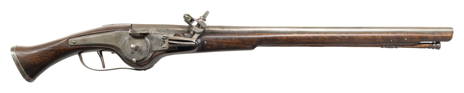 GERMANIC WHEELLOCK PISTOL.: Cal. 60. NSN. The 19" oct. to rnd. barrel. Small unmarked wheellock w/ sliding pan cover. Walnut stock with iron trigger guard & butt cap. Hardwood ramrod with metal tip. CONDITION: metal has mix of g