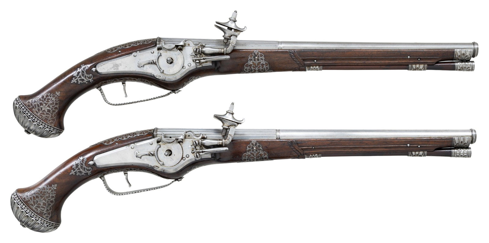 MUSEUM QUALITY & CONDITON PAIR OF WHEELLOCK: HOLSTER PISTOLS. Cal. 58. S# NSN. It is known that this pair of pistols date from the late 20th century. They were made by an unnamed Italian craftsman using traditional tools and methods. They are