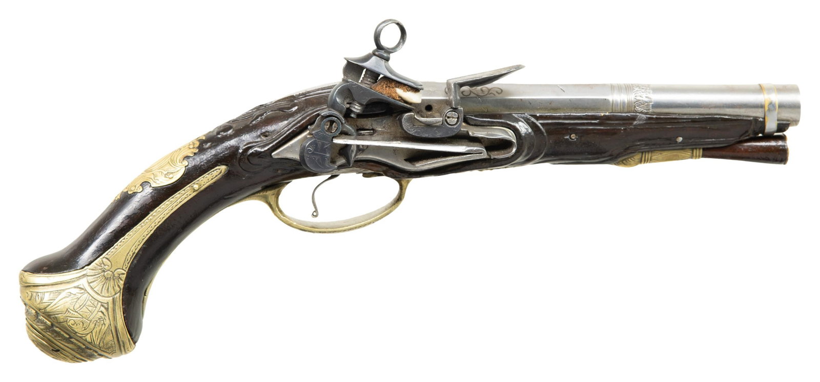 ATTRACTIVE SPANISH COLONIAL MIQUELET FLINTLOCK: PISTOL, WITH VAXARIAS MAKER MARK. Cal. 64. NSN. Bbl. 7". Miquelet pistol of Spanish origin. The bbl. consists of a tapered faceted breech section, followed by several ornamental bands, which terminate