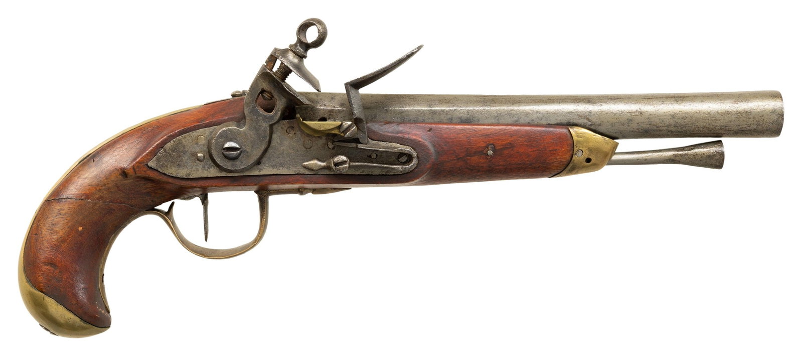 SPANISH PATTERN 1802 FLINTLOCK CAVALRY PISTOL.: . Cal. 74. NSN. 14.5"overall, 9" tapered octagonal to round barrel, brass furniture, no maker marks or proofs. UNATTACHED ACCESSORIES: Compton's collection tag "Spanish Pattern of 1802 with original i