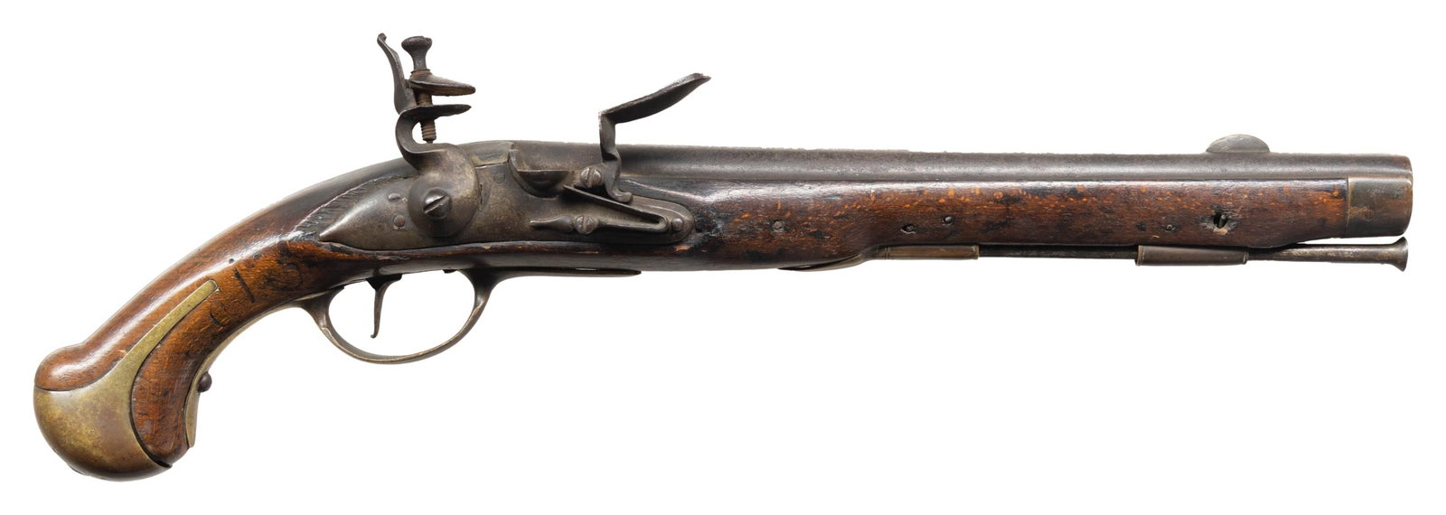 EUROPEAN OFFICER'S STYLE FLINTLOCK PISTOL.: Cal. 72. NSN. Rnd. 13" bbl. smoothbore with brass blade front sight & stamped "16L". Unmarked lock. Birch stock with iron ramrod & brass furniture. Right side of wrist is stamped "alo". CONDITION: