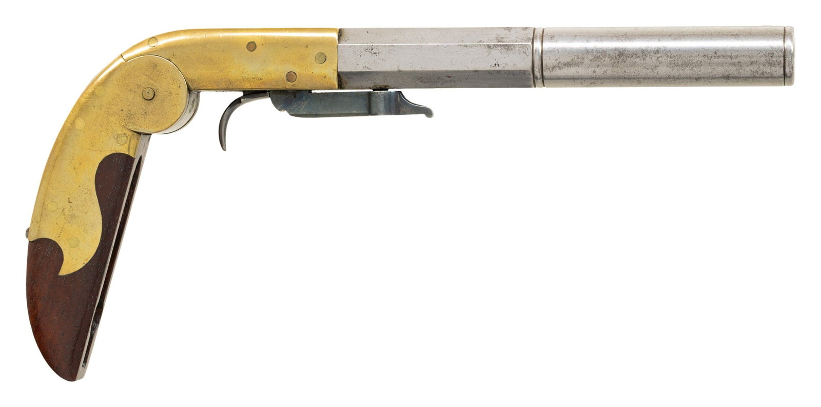 UNIQUE PATENT FOLDING UNDERHAMMER PISTOL.: Cal. 30. NSN. 9" overall, 5" well made pistol stamped "PATENT" on top of brass shrouded hinged steel frame, nicely sculpted fire blued trigger & underhammer that are concealed by the folding pistol
