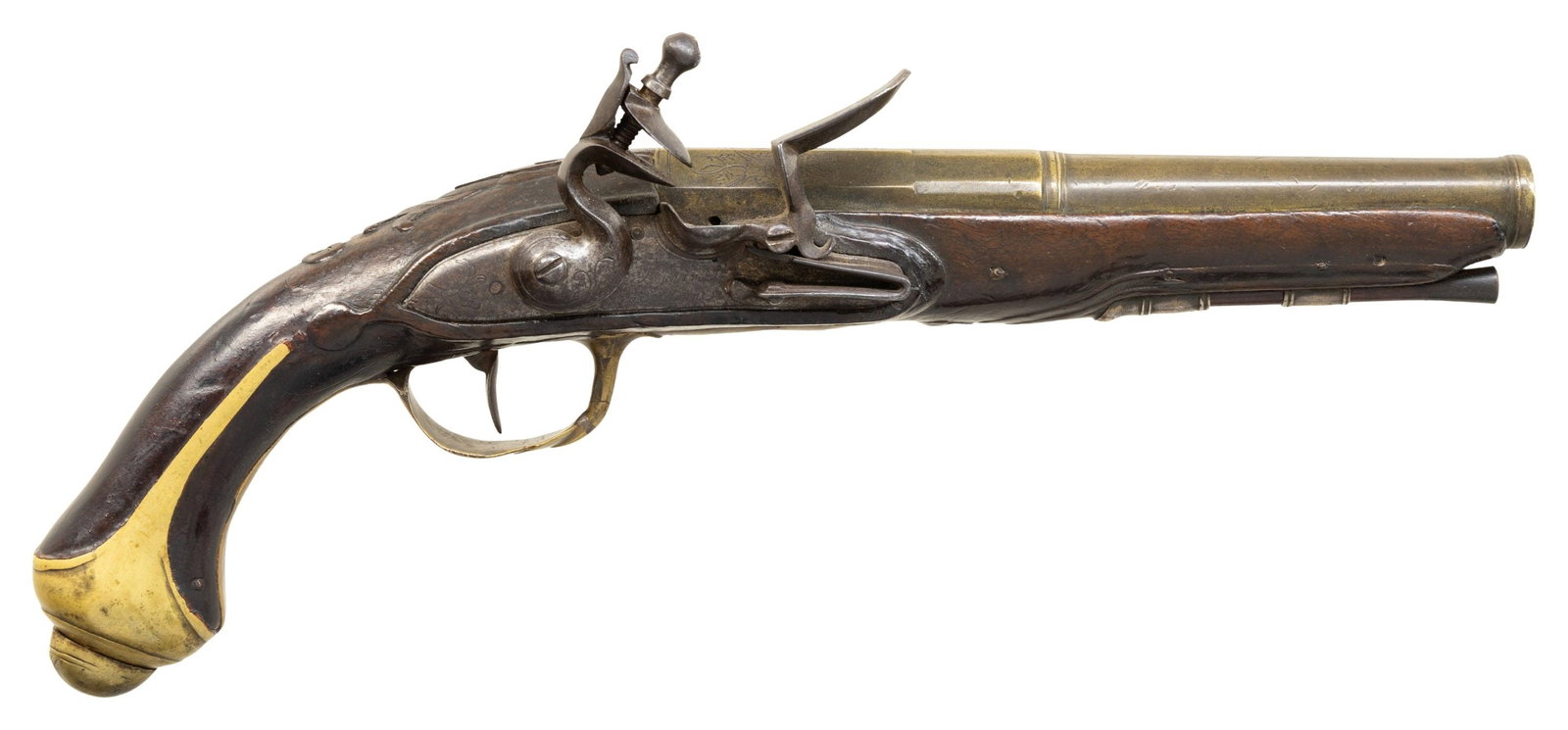 FRENCH BRASS BARRELED FLINTLOCK HOLSTER PISTOL.: Cal. 58. NSN. 13" overall the 7 1/2" octagon to round cannon turned barrel has some fine armorial engraving on rear flats. Round bodied lock with matching serpentine cock has inset rounded pan, bridle