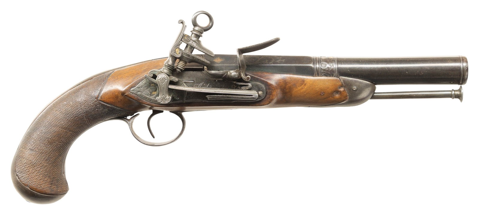 SPANISH MIQUELET OFFICER'S PISTOL.: Cal. 67. NSN. 13" overall, 7.5" 2-stage cannon muzzle barrel, Circa 1810, signed barrel & lock by Antonio Guisasola (active Eibar 1796-1833), all steel mounted, engraved lock, breech, and trigger