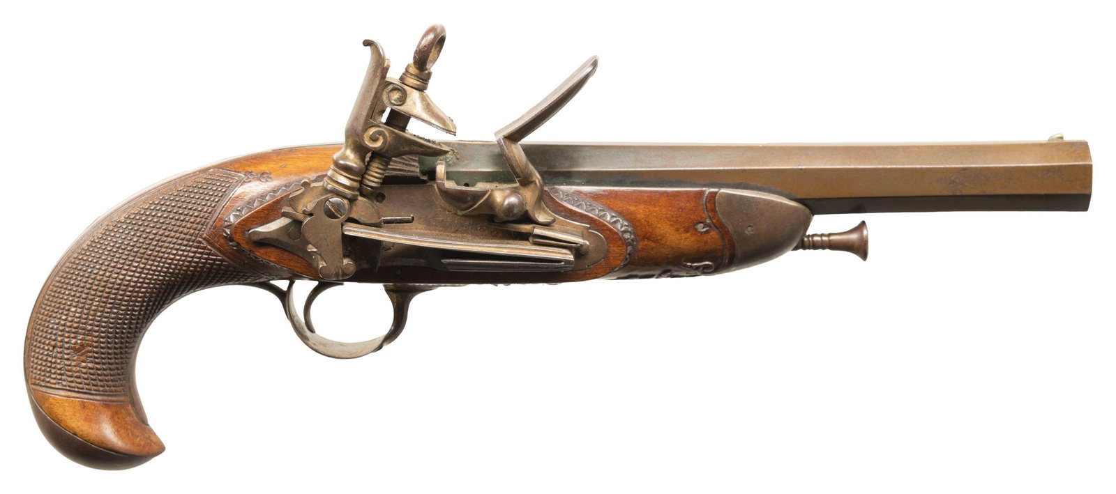 EXCEPTIONAL 1ST REPUBLIC OF MEXICO OFFICER'S: MIQUELET. Cal. 72. NSN. "VIVA LA PATRIA" engraved on silver plaque, Mexican eagle & liberty cap poncoins at breech identify this circa 1821 pistol. 13" overall, 8.25" tapered and slightly swamped full