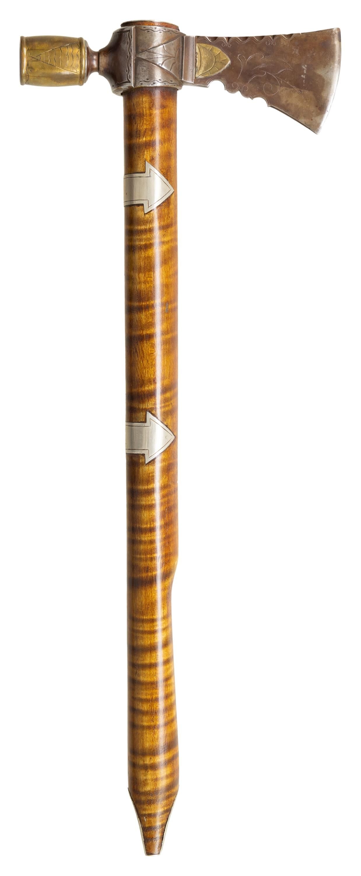 CONTEMPORARY PIPE TOMAHAWK BY WILLIAM BUCHELE.: William Buchelle (1895-1977) author of 2 texts on recreating the American long rifle was a master craftsman. His Kentucky rifles and hawks are among the finest recreations made in the 1950s-1970s. Sot