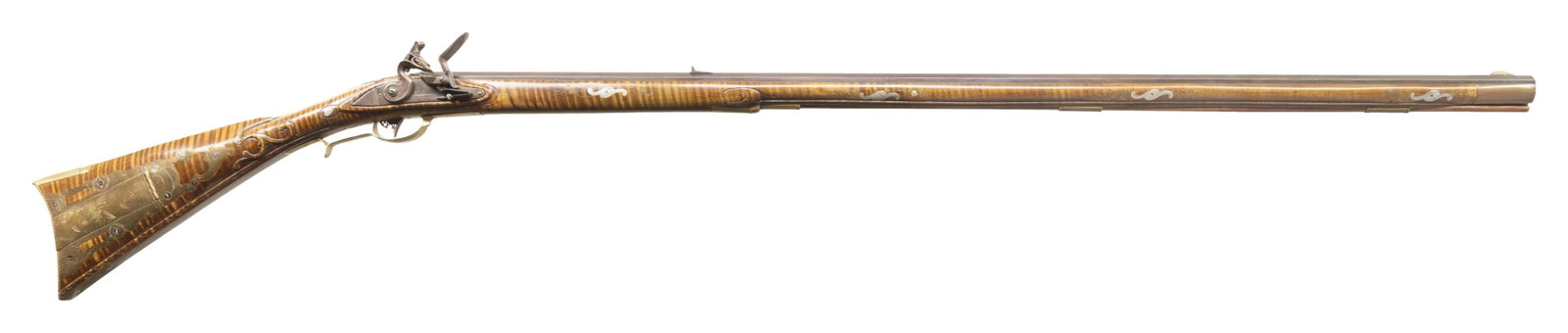 FINE WM BUCHELE CONTEMPORARY RELIEF CARVED: FLINTLOCK RIFLE. Cal. 44. NSN. 7.5" overall, 42" octagonal barrel signed "W Buchele", curly maple full stock, engraved brass furniture, pierced 4-piece patchbox, large silver oval eagle plaque forward
