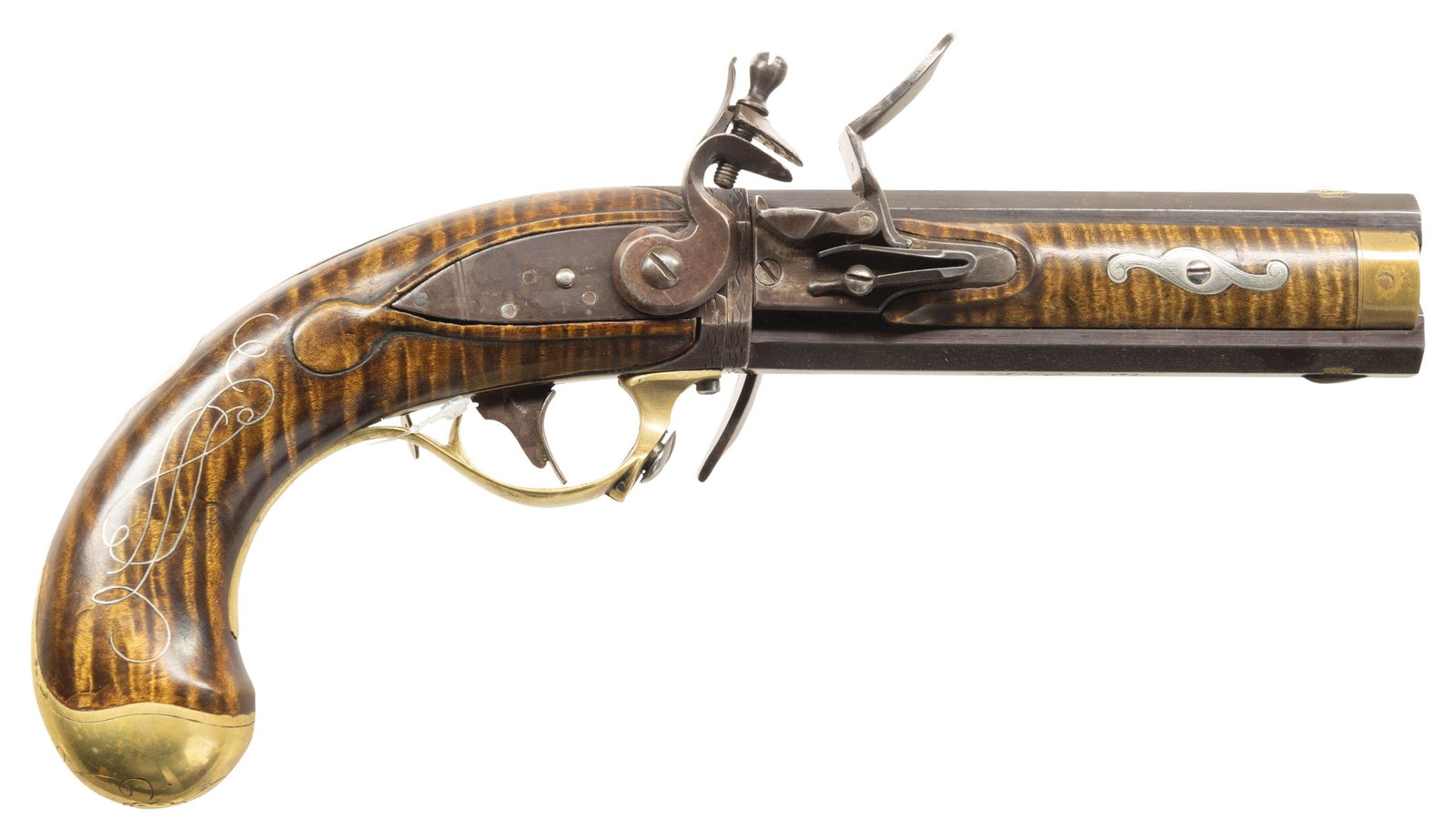 FINE CONTEMPORARY SWIVEL BREECH 2-BARREL FLINTLOCK: PISTOL. Cal. 44. NSN.12" overall, pair of 6" octagonal barrels with individual pans & frizzens, barrels signed "W. Buchele" & "Toledo, Ohio", curly maple stocks, brass furniture, silver insets, and si