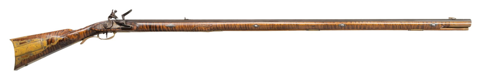 JOE RUNDELL RELIEF CARVED FULL STOCK KENTUCKY: RIFLE. Cal. 50. Joe Rundell of Flint, MI crafted this attractively embellished contemporary custom flintlock. The FEGA Master Engraver fitted this example with a 44" browned octagon bbl with dovetaile