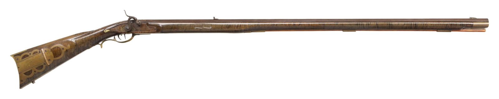 JOE RUNDELL RELIEF CARVED FULL STOCK PERCUSSION: RIFLE. Cal. 45. Rundell fit this contemporary example with a 38" octagon bbl with dovetailed brass beaded blade front sight & small square notch rear sight. He signed this bbl on the top flat "RUNDELL
