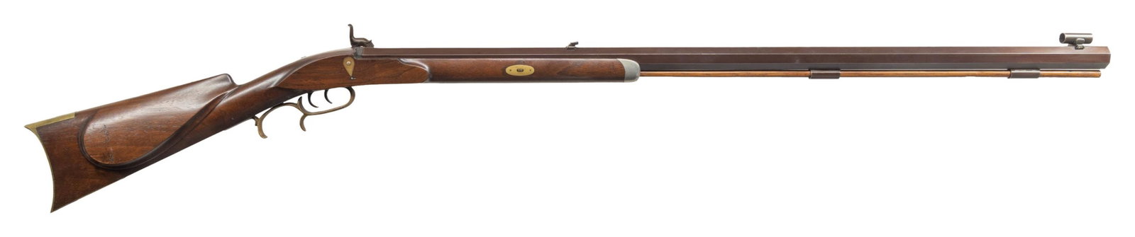 LEFT HAND J. RUNDELL CONTEMPORARY PERCUSSION RIFLE: Cal. 45. NSN. 32" octagon bbl measuring 1" across flats. Top flat is engraved "Rundell". J. Rundell was a accomplished 20th century Michigan builder of fine flintlock, percussion rifles & pistols. Glo