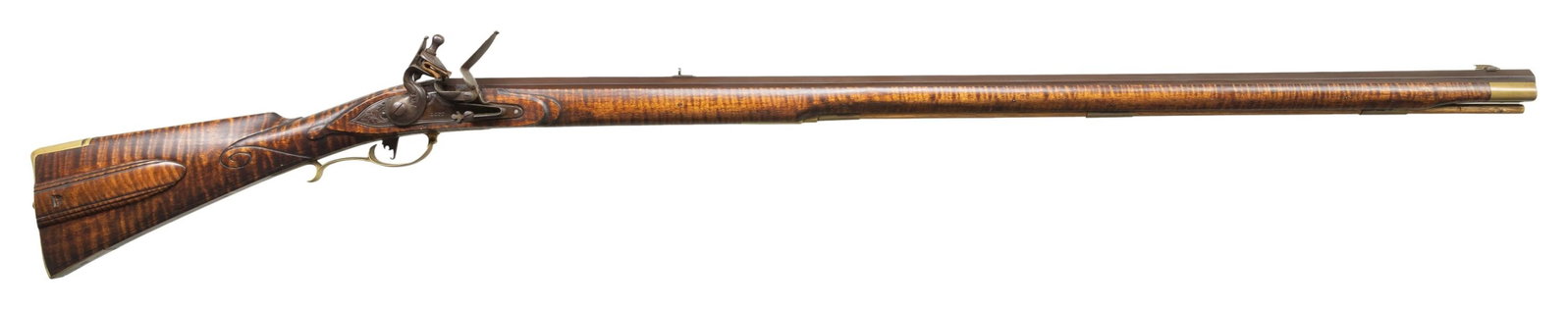J. RUNDELL CONTEMPORARY FLINTLOCK LONG RIFLE.: Cal. 50. NSN. 39" octagon bbl measuring 1" across flats. Top flat is engraved "Rundell". J. Rundell of Michigan was an accomplished 20th century builder of fine flintlock & percussion rifles & pistols