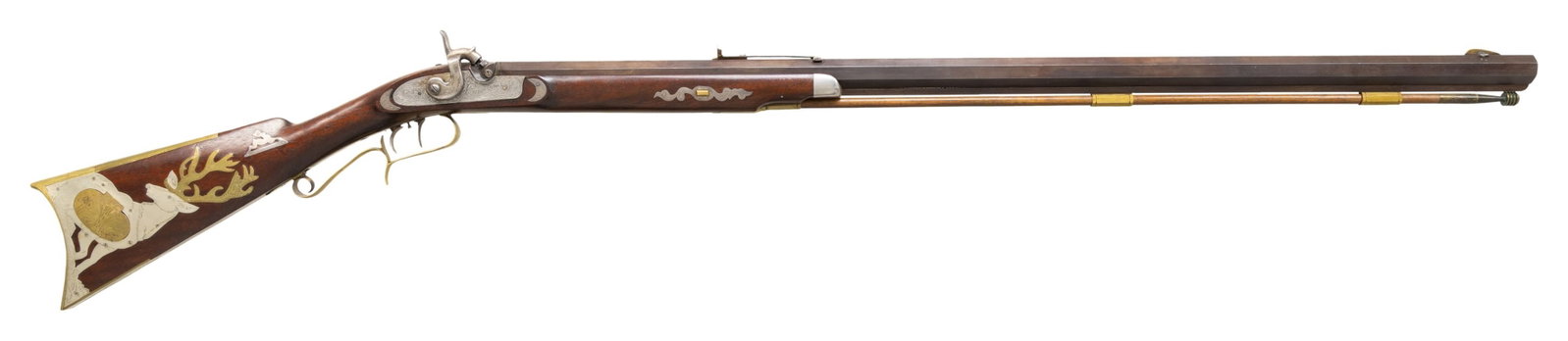 ATTRACTIVE CONTEMPORARY "ART HOLLY" PERCUSSION: HALF STOCK RIFLE. Cal. 54, NSN. 51" overall, 35" heavy octagonal barrel, signed "A. HOLLY" and by premier barrel maker of the 1950s-70s "Wm. M. LARGE" (1907-1985), walnut stock has 14 fine engraved fi