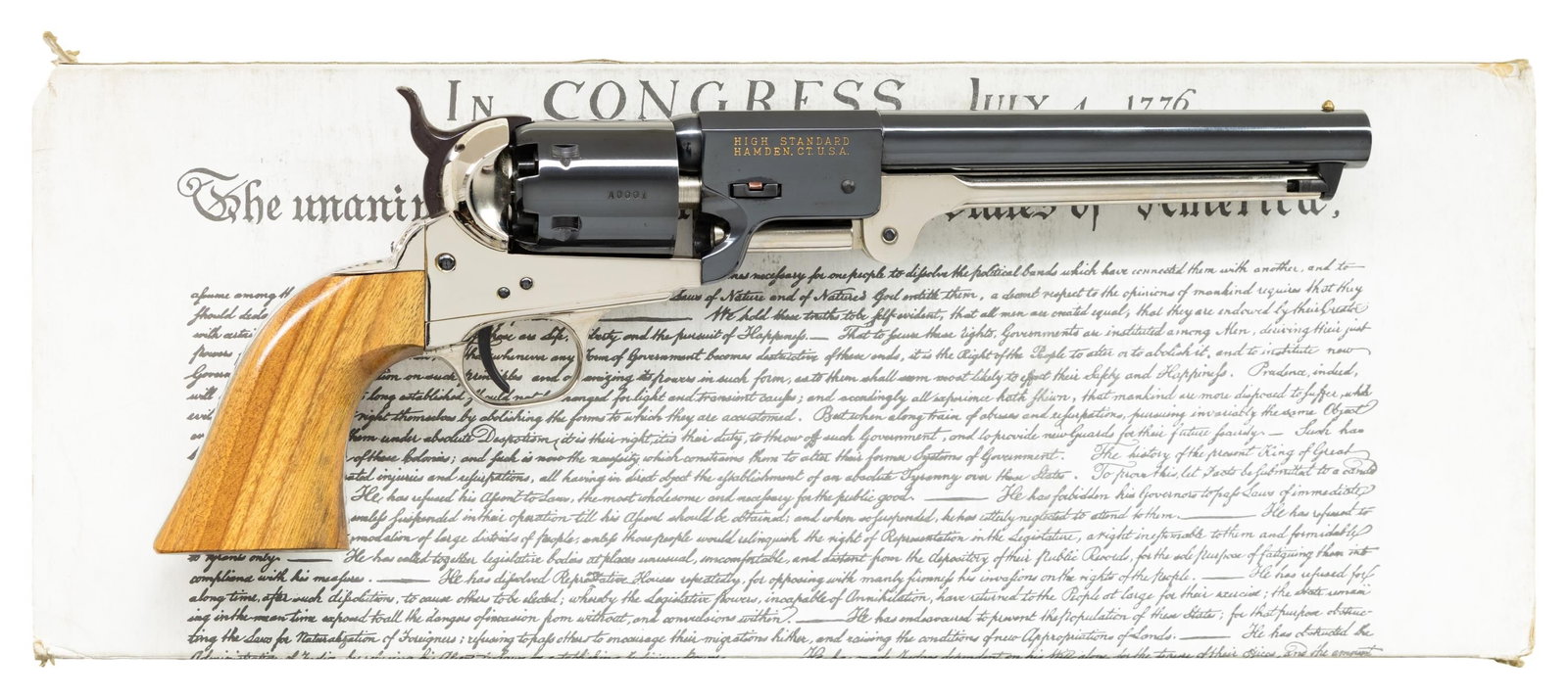 CONSECUTIVE PAIR OF HIGH STANDARD BICENTENNIAL: PERCUSSION REVOLVERS.Both Cal. 36. S#'s A001 & A002. Bbls. 7 1/2". Brass post front sight. Silver plated frames, grip assemblies & ejector rods. Balance of other parts are blued with Gold liberty