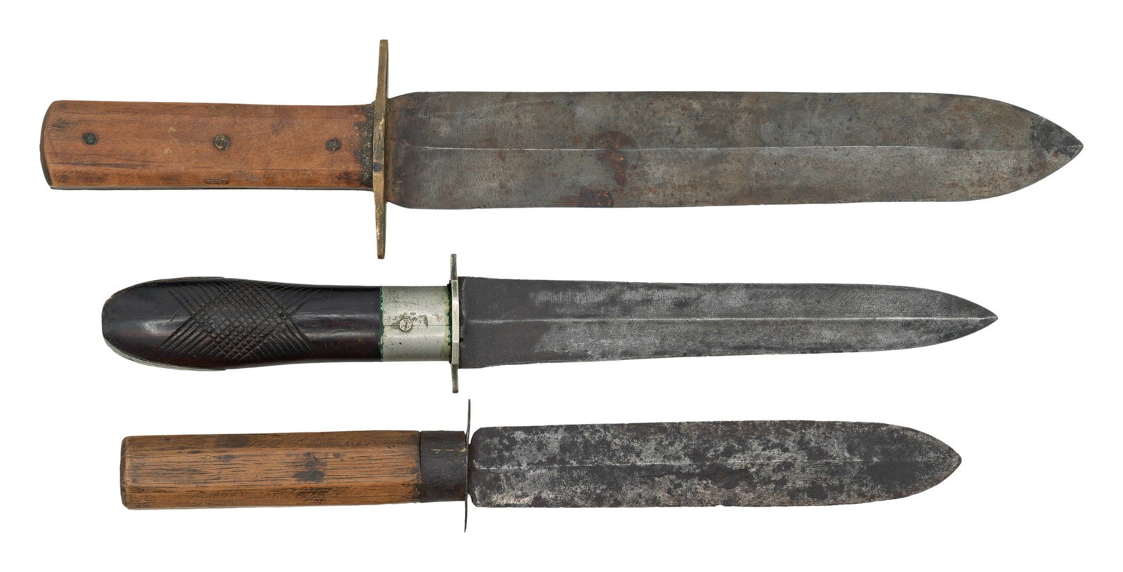 GROUP OF 3 AMERICAN 19th CENTURY SIDE KNIVES.: 1) 14" overall, 9.5" wide dagger point blade with medial ridge, 3" brass cross guard, full tang, wood slab handle, similar knives seen in photos of Confederate soldiers. 2) 11" overall, 6.5" dagger bl