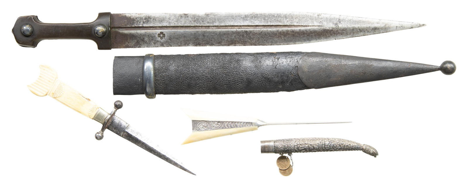 KINJAL & 2 SMALL DAGGERS.: 1. CAUCASIAN KINDJAL DAGGER. Double edged fullered blade with deep struck floral or clover makers mark. 2-piece smooth blackened wood grip with peened round top pins. Accompanied with a pebbled leathe