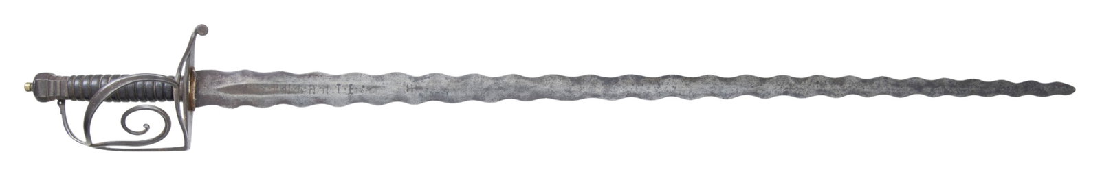 EUROPEAN LATE 18TH CENTURY CEREMONIAL SWORD.: This late 18th to very early 19th century European ceremonial sword is most likely British in origin. The sword measures 40 1/4" overall with a very interesting 34" serpentine blade with 25 separate