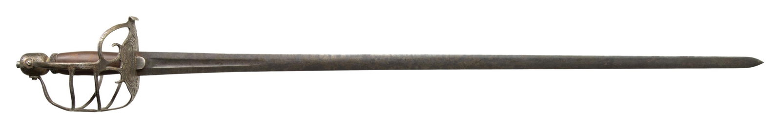 BRITISH MORTUARY SWORD.: Tapered 32.75" double sided blade with a short tapered 5.5" fuller. It is 1 1/4" at its widest. Iron pierced half basket hilt with chiseled and engraved floral motif vine and scroll decorations. The