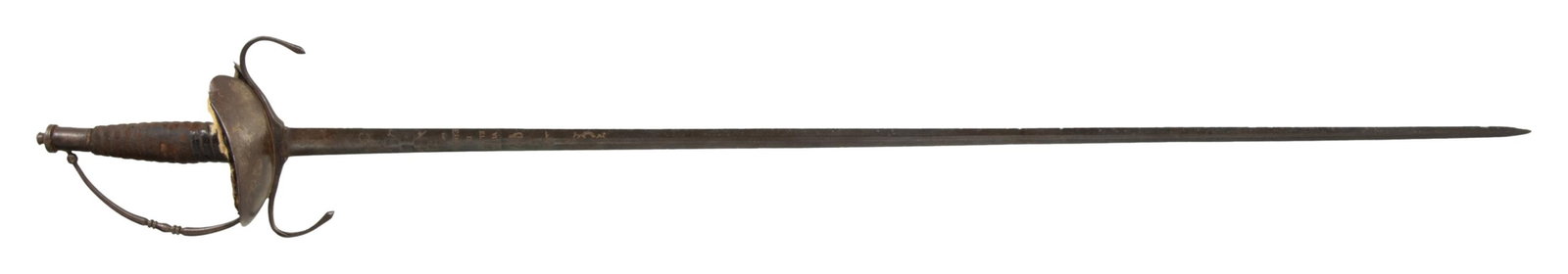 19th C SPANISH RAPIER.: Straight 31.5" double sided thin tapering lenticular blade with engraved with a royal crown over 'VIVA EL REY DE ESPANA" or long live the King of Spain with further decorations and a worn maker mark