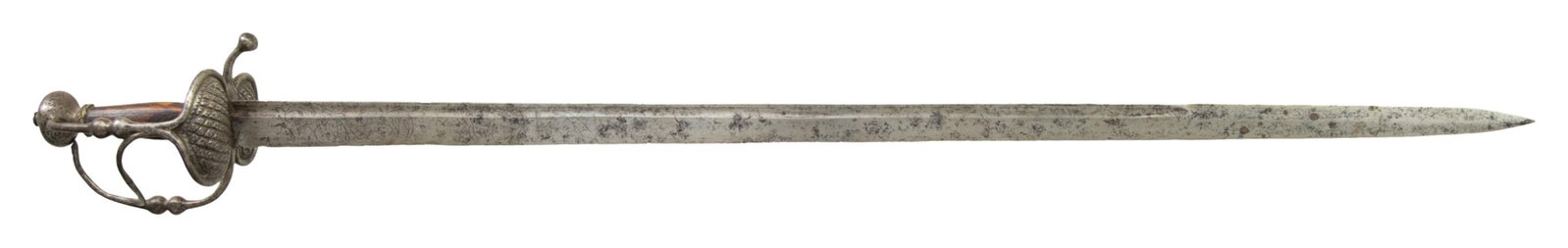DUTCH WALLOON STYLE SABER.: Straight 35 1/4" single edge flat back blade with 25 1/2" fuller terminating with a double edge for the final 9 3/4". The blade is fine line engraved with a branch of floral vine, a capped man, and a 