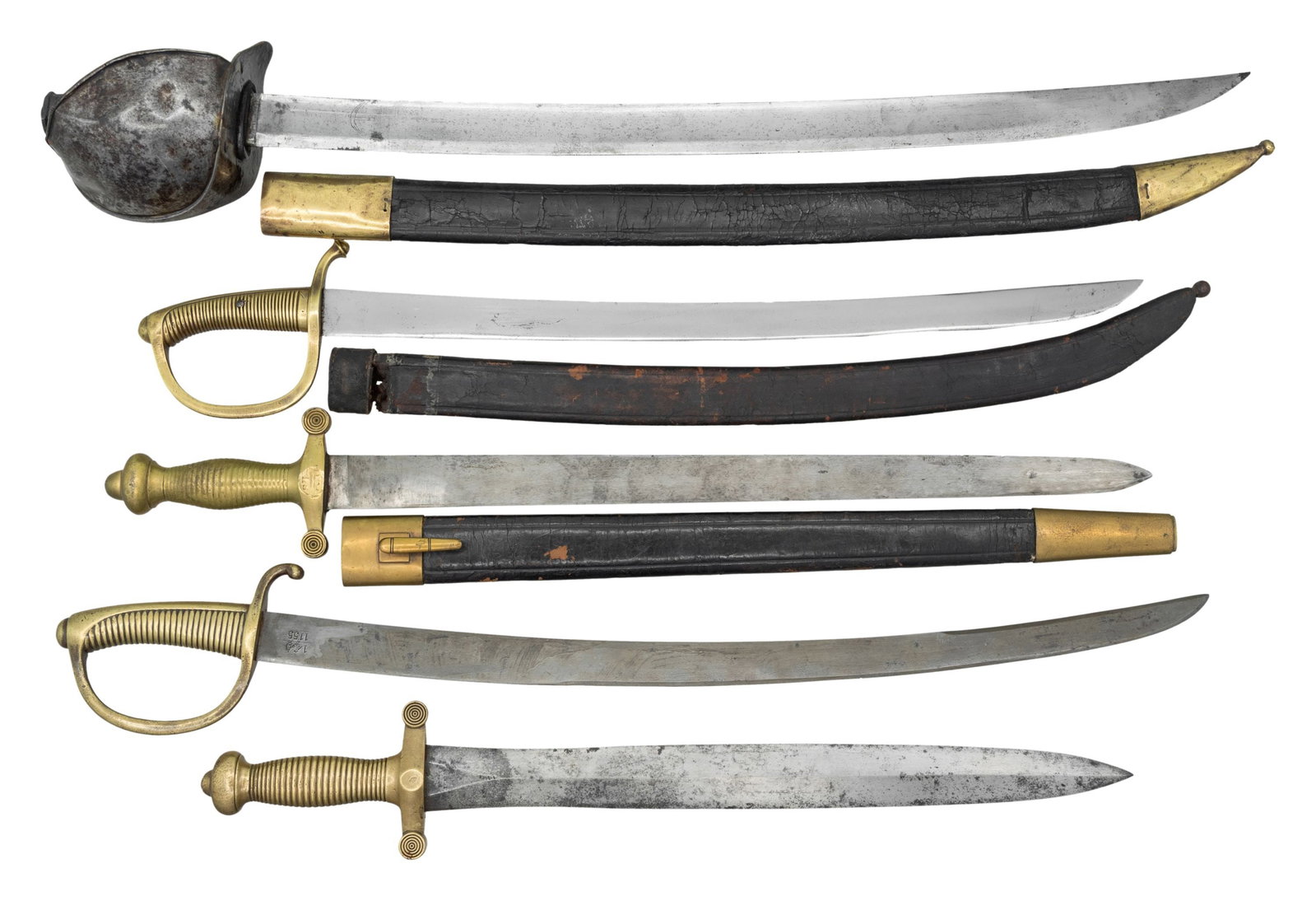 5 19TH CENTURY FRENCH SWORDS.: 1) M1831 French Artillery short sword measuring 25" overall with a 19" double edged blade marked near the hilt " GOULAUX FRERES 1832 " & " KLINGENTHAL ". solid brass hilt & no scabbard. 2) M1831