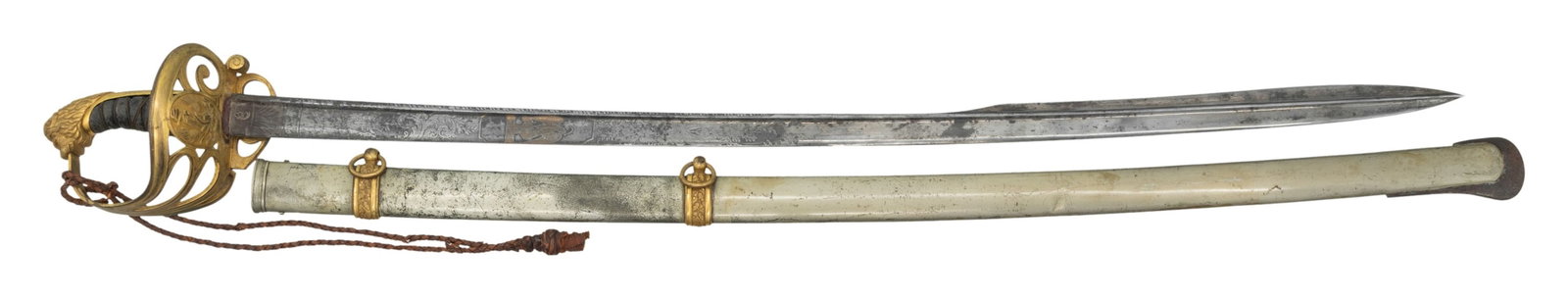 FINE HIGH QUALITY 19TH CENTURY MEXICAN OFFICER'S: SABER. Lion head pommel officer sword circa 1850, hilt has raised relief Mexican eagle, snake, and liberty cap, folding pierced languet, sharkskin grip. Solingen made etched 34" quill back blade, with