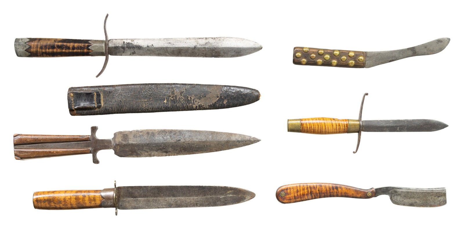 GROUP OF SIX AMERICAN FRONTIER KNIVES.: Fine group of superior primitive/frontier knives originally displayed together with unique American flare.1) 15" overall, 9.25" double edged dagger point blade, 4" "S" shaped iron crossguard, pewter m