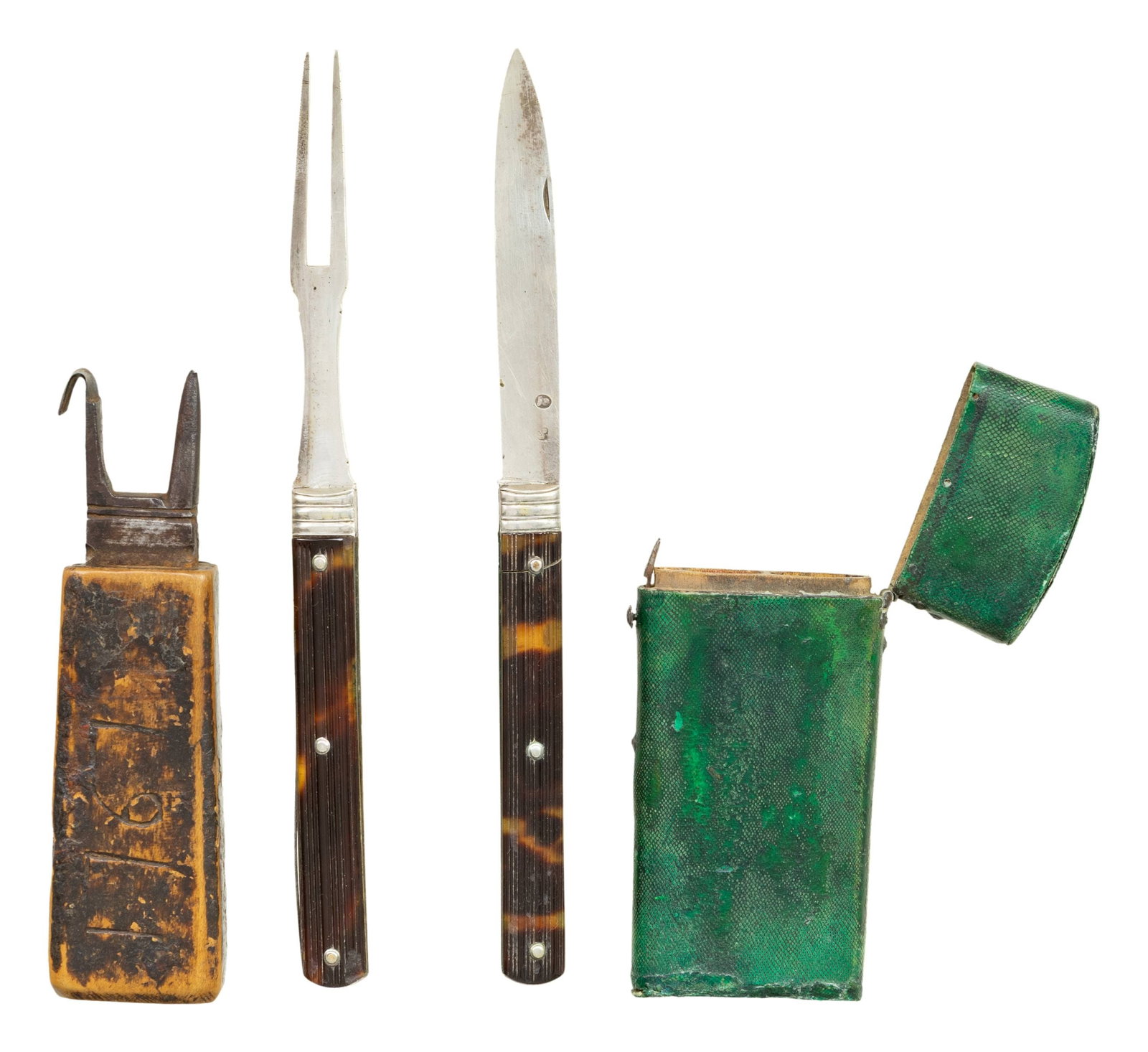 FINE 18th CENTURY SILVER CASED FOLDING CUTLERY &: 18th CENTURY FOLDING RACE KNIFE. Fine gentleman's green veneered cased folding silver knife & fork, 3" silver blades on both are British hallmarked with no letter dates, consistent with late 18th cent