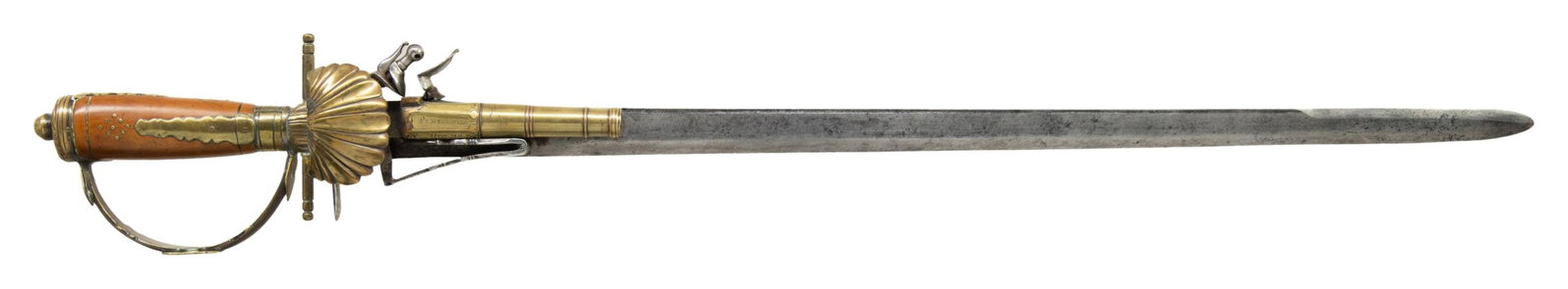 GERMAN COMBINATION HUNTING SABER & FLINTLOCK: PISTOL. Cal. 42. NSN. 4" bbl. This exceptionally interesting and appealing weapon has an overall length of 28 1/2" and a blade length of 22 1/2". The blade features geometric engraving extending 4"