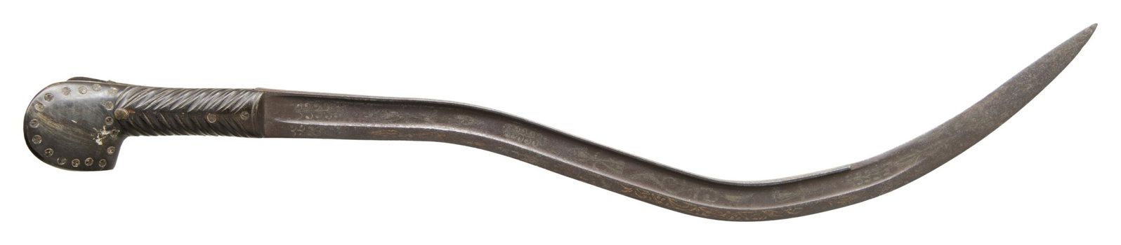 AFRICAN TRIBAL SWORD.: Overall length is 26 1/2". Blade is 21" long. It is difficult to assign a country of origin for this sword. It resembles swords from Ethiopia as well as Cameroon and perhaps places in between. The