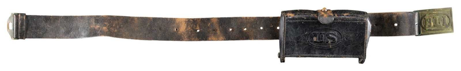 INDIAN WAR ERA MCKEEVER CARTRIDGE BOX.: Indian War era McKeever Cartridge box with belt & buckle marked "BLI". Inside of cartridge box marked "CHP" in ink. CONDITION: leather shows overall crazing, cracking & so me flaking. (02-27241/MJC).