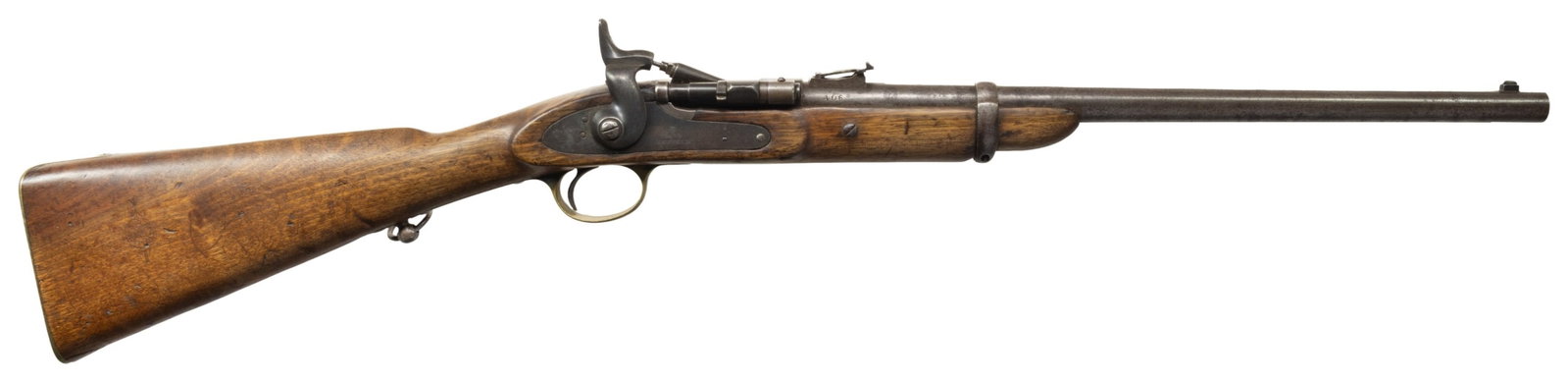 BRITISH SNIDER MKIII SINGLE SHOT CARBINE.: Cal. 577. NSN. Bbl. 19 1/2". Blade front sight. Ladder rear sight graduated to 600yds. Lock has 1870 date & Enfield marking. Top of breech marked "III". Brass trigger guard & buttplate. Buttplate tang