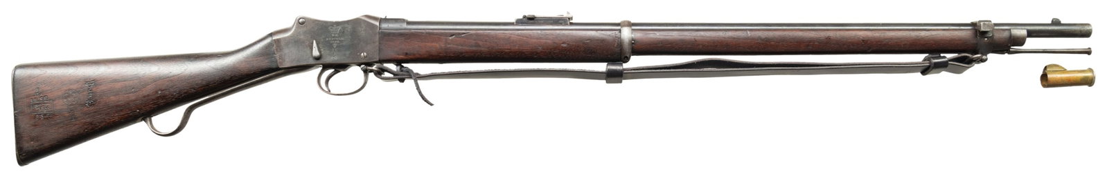 BRITISH MKIV MARTINI HENRY SINGLE SHOT RIFLE.: Cal. 577/450. S# G7494. Bbl. 33". Blade front sight. Ladder rear sight graduated to 1200yds. Long Lever Martini Henry rifle Right side of action has Enfield & "MKIV/I" markings with 1888 date. Left