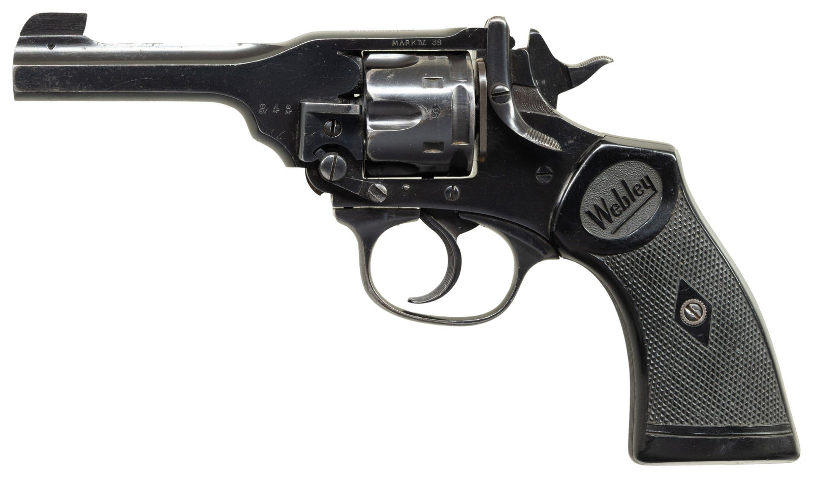 TORONTO POLICE FORCE WEBLEY & SCOTT MARK IV: DOUBLE ACTION REVOLVER. Cal. 38/200. S# A27942. Bbl. 4". Mark IV double action revolver mfg. in England by Webley & Scott for the Toronto Police Force. Left side of the bbl. is marked with a triad of