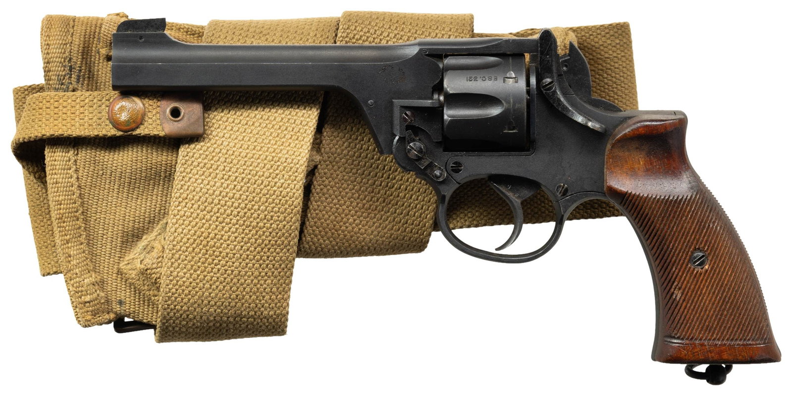 BRITISH ENFIELD NO. 2 MKI* DA REVOLVER.: Cal. 38/200. S# 09959. Bbl. 5" 1941 dated. Blade front sight. Fixed rear sight. Matching numbers on frame, cyl. & bbl. "DI *" marked Enfield revolver. Parkerized finish. Grooved hardwood grips.