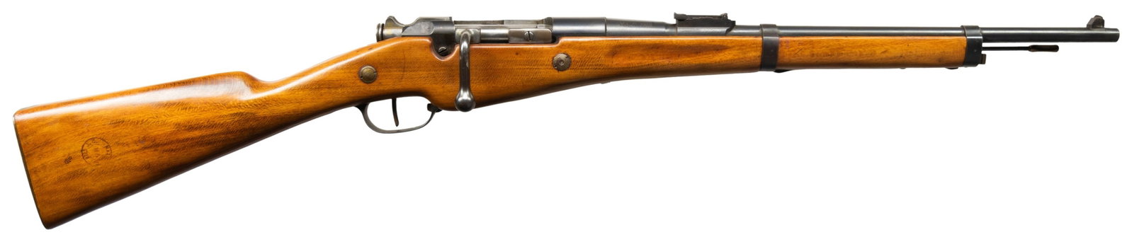 FRENCH 1890 BERTHIER BOLT ACTION CARBINE.: Cal. 8mm Lebel. S# F50680. Bbl. 19". Standard Berthier sights. Clearing rod appears mismatched but all other visible matching numbers. 3-shot 1890 Berthier carbine. 1918 dated MAC bbl. without balle