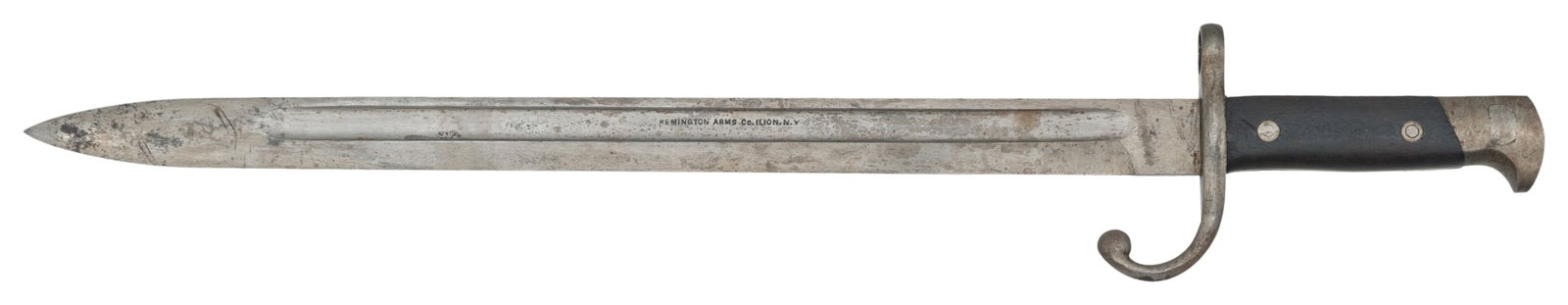 REMINGTON ARMS CO. #5 BAYONET FOR WWI FRENCH: 8MM LEBEL ROLLING BLOCK CONTRACT RIFLES. Overall: 20.25" w/ 15.75" blade marked "REMINGTON ARMS CO." in fuller. CONDITION: good overall showing spots of corrosion on metal & worn wood appearance.