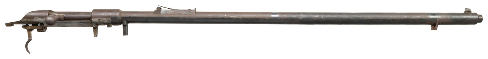 GEW 88 BARRELED ACTION.: Cal. 8x57. S# 3196n. Bbl. 29". Erfurt 1893 receiver with stripped matching bolt body, bolt release, trigger, bbl., bbl. jacket & front sight. CONDITION: metal is an overall dark oxidized patina with