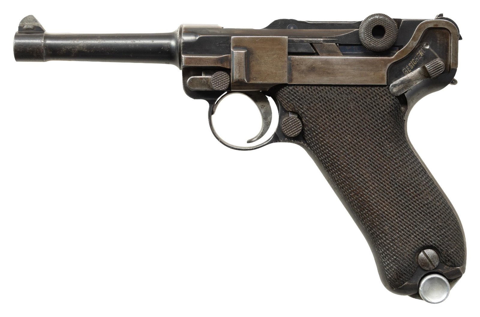 UNIT MARKED, FIRST ISSUE, DWM P.08 LUGER: SEMI-AUTOMATIC PISTOL. Cal. 9x19mm. S# 1002b. Bbl. 3 15/16". First Issue P.08 Luger semi-automatic pistol mfg. by DWM circa. 1909. Bbl. extension is appropriately blank over the top of the chamber,