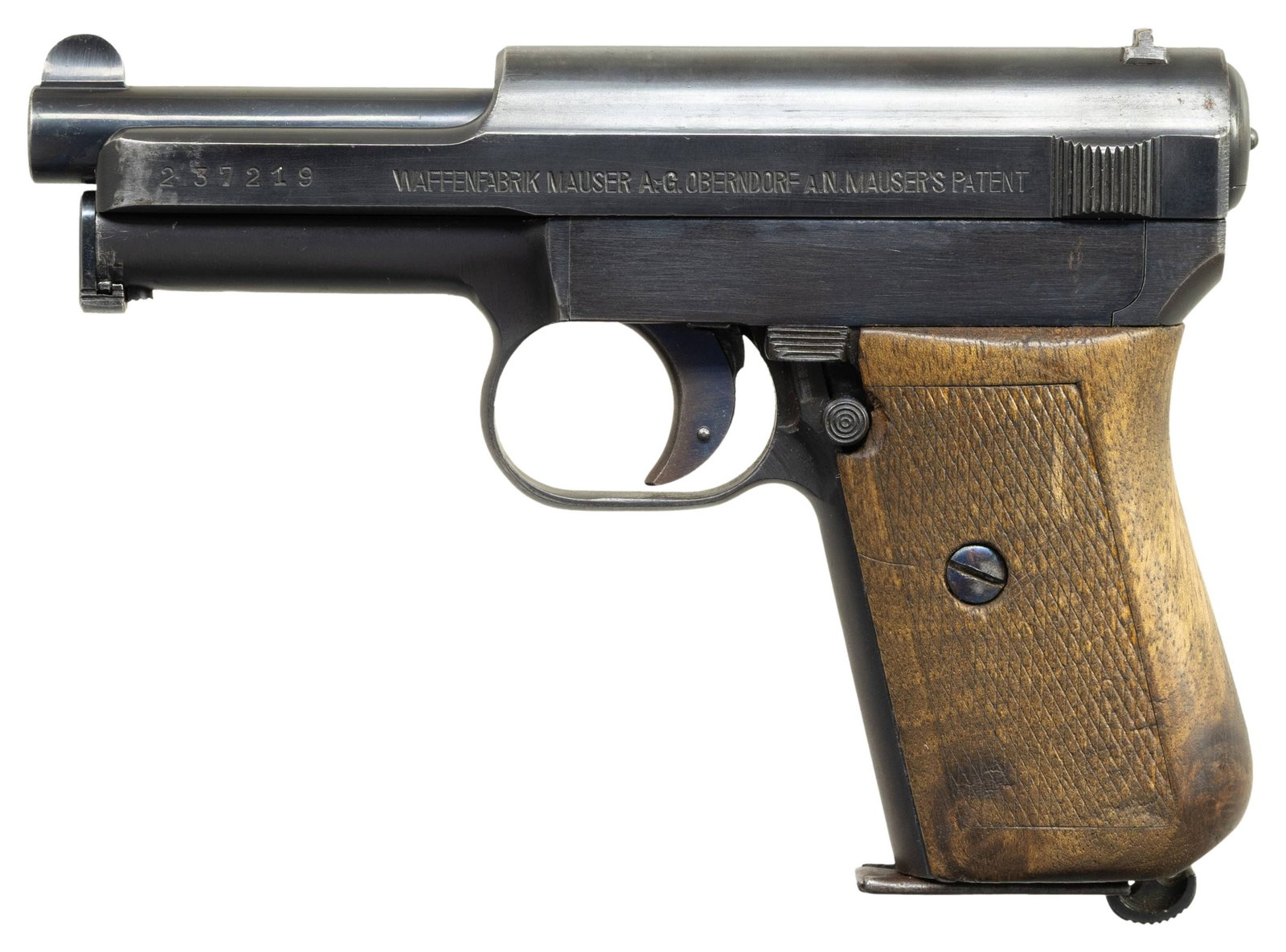 MAUSER MODEL 1914 SEMI-AUTOMATIC PISTOL.: Cal. 7.65mm. S# 237219. Bbl. 3 7/16". Model 1914 semi-automatic pistol mfg. by Mauser. Slide exhibits standard factory markings, consisting of the S# and Mauser's single line address on the left,