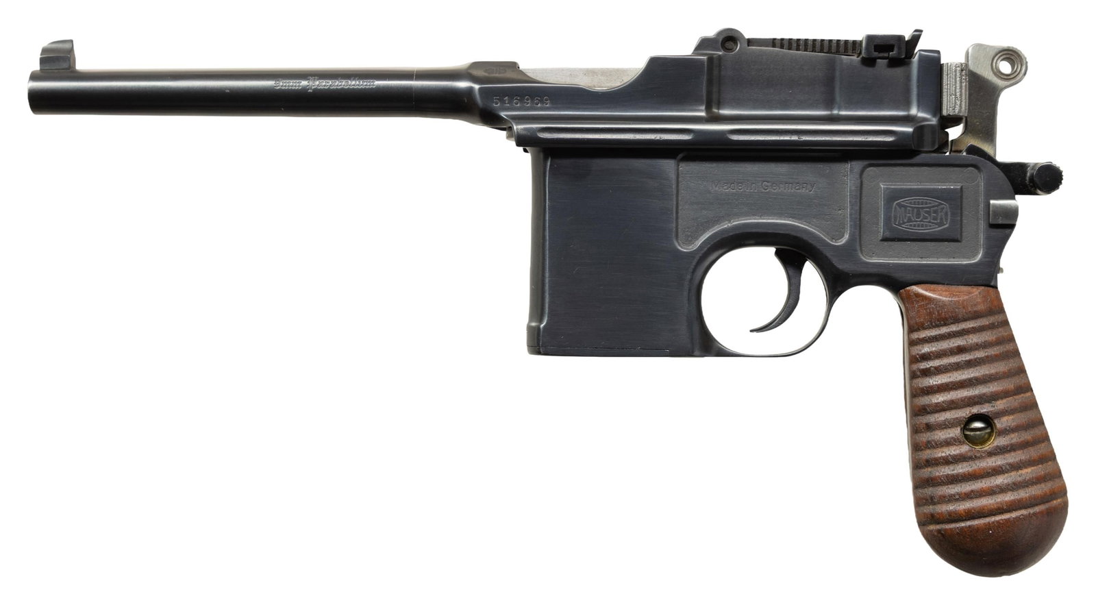 MAUSER C96 9X19MM CONVERSION SEMI-AUTOMATIC: PISTOL. Cal. 9mm Parabellum. S# 516969. Bbl. 5 3/8". C96 semi-automatic pistol originally mfg. by Mauser in 7.63x25mm Mauser and later professionally converted to 9x19mm Parabellum. Bbl. extension
