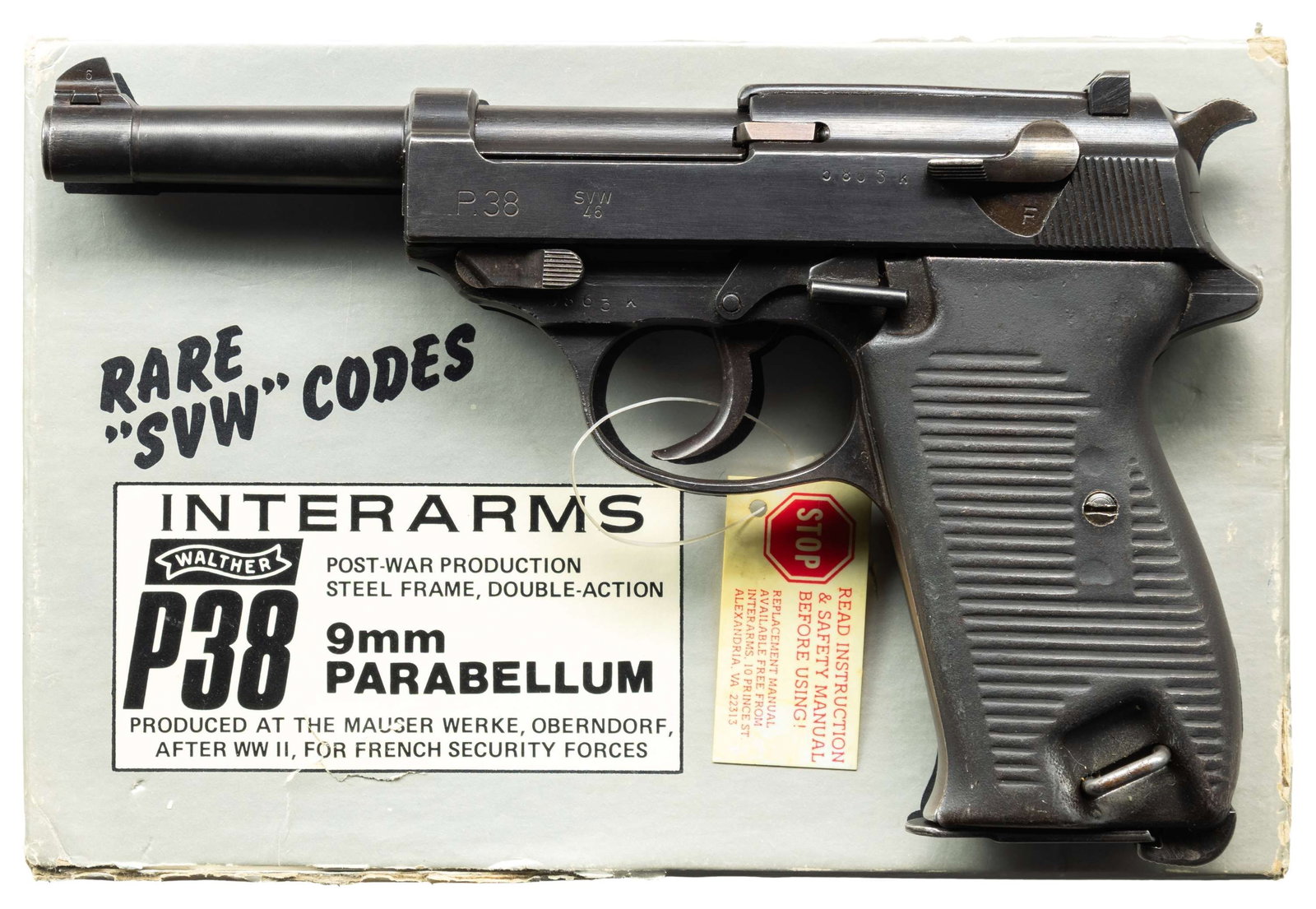 FRENCH OCCUPATION, MAUSER P.38 SEMI-AUTOMATIC: PISTOL WITH MATCHING IMPORTER BOX. Cal. 9mm Luger. S# 5863k. Bbl.4 7/8". P.38 semi-automatic pistol mfg. by Mauser in 1946 while under French occupation. Left side fo the slide is marked "P.38",