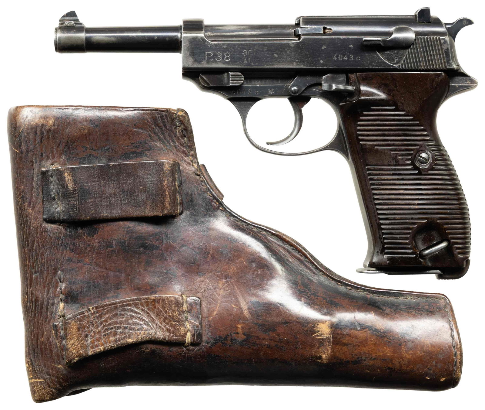 GERMAN WWII, WALTHER "AC/41" CODE P.38: SEMI-AUTOMATIC PISTOL WITH HOLSTER. Cal. 9x19mm. S# 4043c. Bbl. 4 7/8". Standard configuration P.38 semi-automatic pistol mfg. by Walther in 1941. Left side of the slide is marked "P.38", followed by