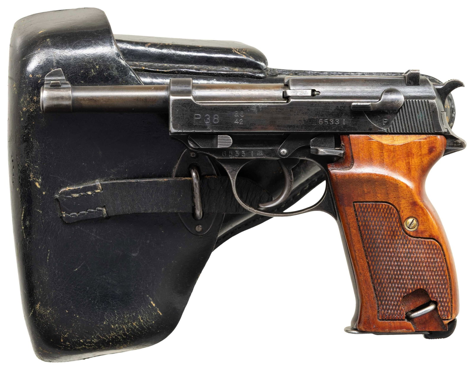 GERMAN WWII, WALTHER "AC42" CODE P.38: SEMI-AUTOMATIC PISTOL WITH HOLSTER. Cal. 9mm Luger. S# 6533i. Bbl. 4 7/8". P.38 semi-automatic pistol mfg. by Walther in 1942. Left side of the slide exhibits standard factory markings consisting of