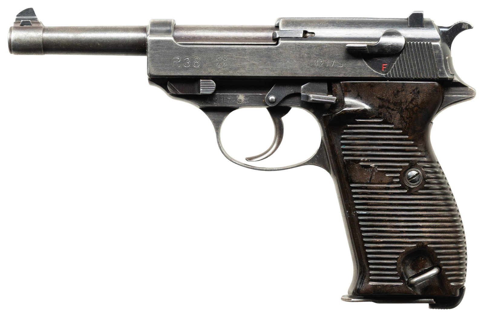GERMAN WWII, WALTHER "AC/42" CODE P.38: SEMI-AUTOMATIC PISTOL. Cal. 9mm Luger. S# 4217a. Bbl. 4 7/8". Standard configuration P.38 semi-automatic pistol mfg. by Walther in 1942. Left side of the slide is marked "P.38", followed by Walther's