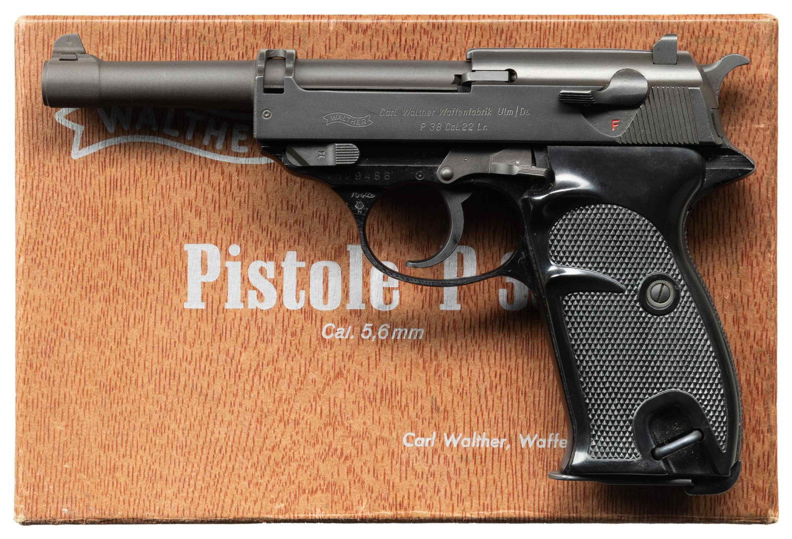 RARE WALTHER P.38 .22 LR SEMI-AUTOMATIC PISTOL: WITH MATCHING FACTORY BOX. Cal. 22 LR. S# 329486. Bbl. 5 1/8". P.38 semi-automatic pistol chambered in .22 LR mfg. in West Germany by Walther and imported by Interams in 1970. Left side of the slide i