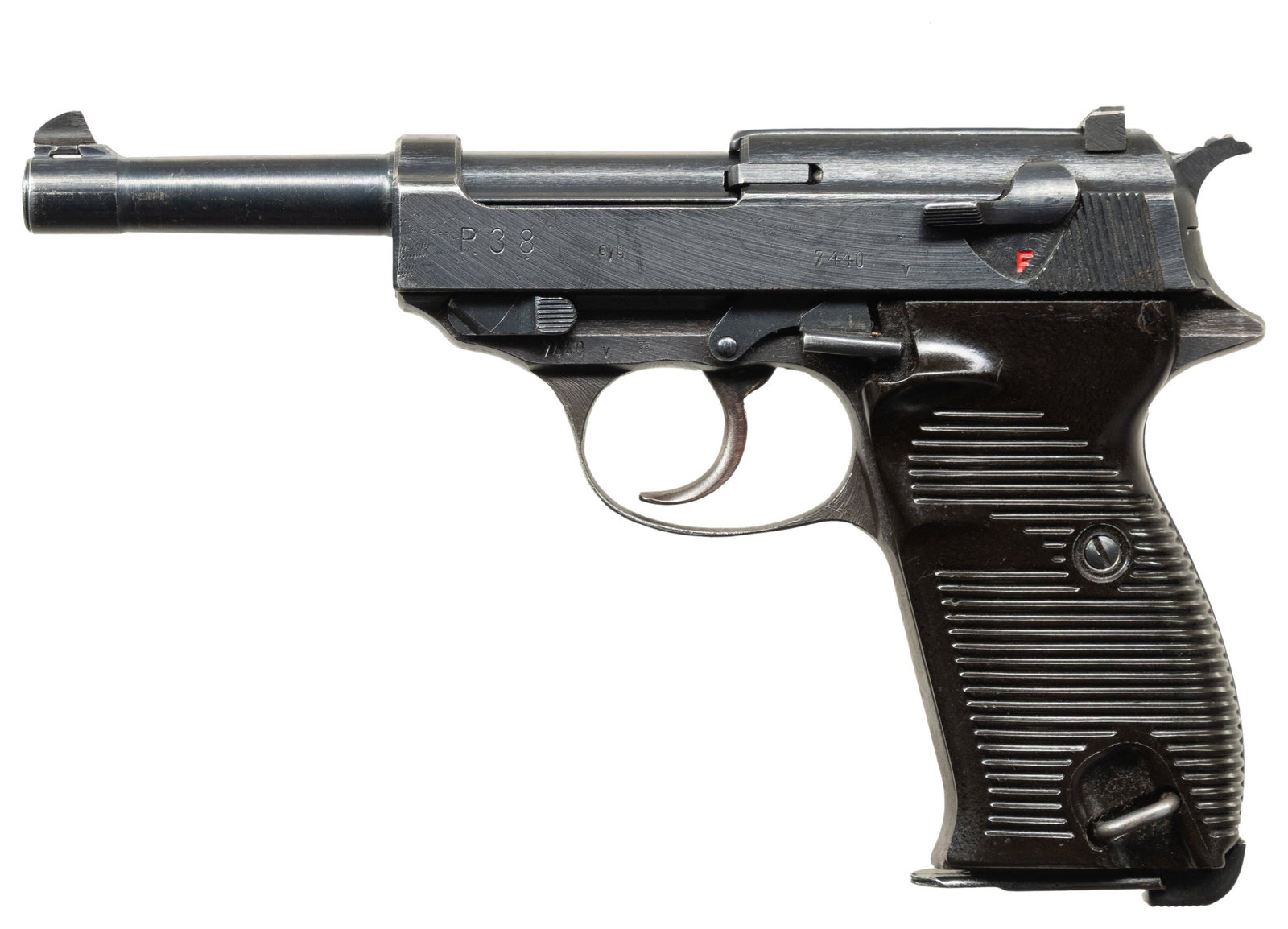 GERMAN WWII SPREEWERKE "CYQ" CODE P.38: SEMI-AUTOMATIC PISTOL. Cal. 9x19mm. S# 7440v. Bbl. 4 7/8". P.38 semi-automatic pistol mfg. by Spreewerke during WWII. Left side of the slide is marked "P.38", followed by Spreewerke's "cyq" mfg.