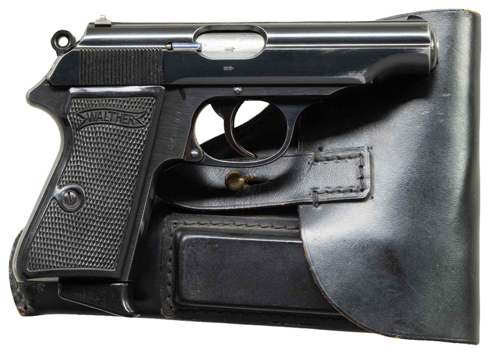 RARE "R.J." MARKED WALTHER MODEL PP SEMI-AUTOMATIC: PISTOL WITH HOLSTER. Cal. 32 ACP. S# 983580. Bbl. 3 13/16". Model PP semi-automatic pistol mfg. by Walther in 1938. Left side of the slide is marked with the Walther banner logo, followed by