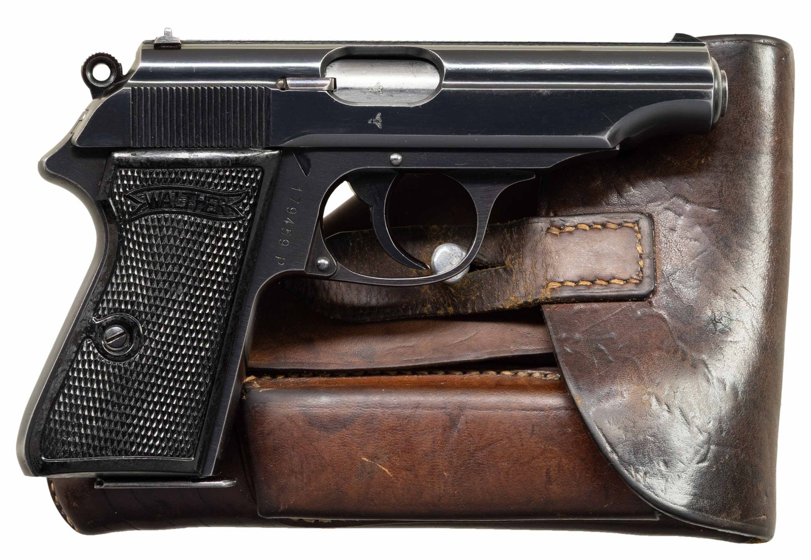 WARTIME COMMERCIAL, WALTHER MODEL PP: SEMI-AUTOMATIC PISTOL WITH HOLSTER. Cal. 7.65mm. S# 179459P. Bbl. 3 13/16". Model PP semi-automatic pistol mfg. by Walther for commercial sales in 1940. Left side of the slide is marked with the