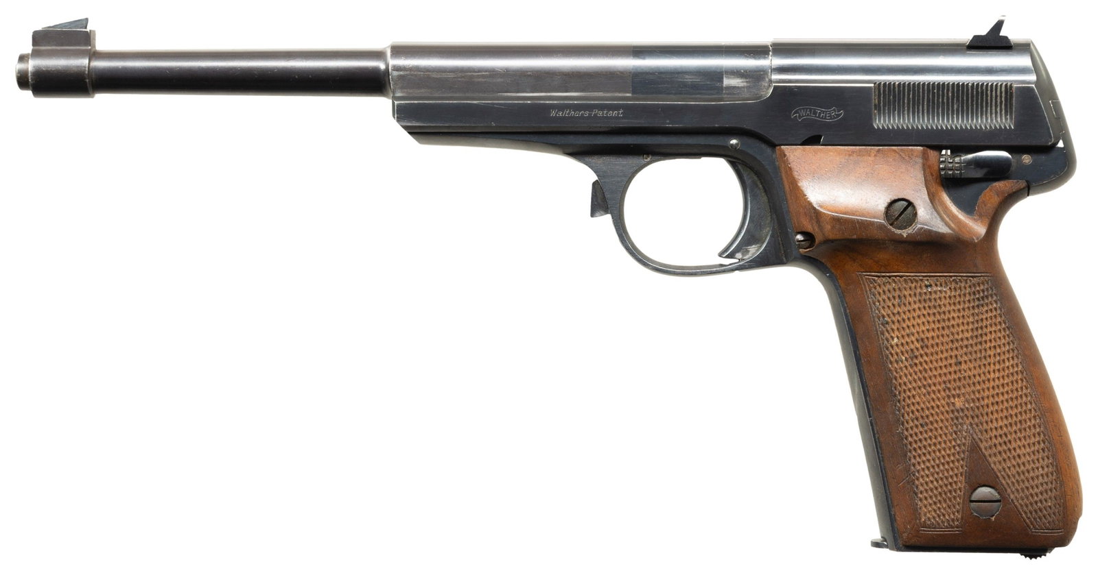 EARLY WALTHER MODEL 1925 OLYMPIA SEMI-AUTOMATIC: PISTOL. Cal. 22 LR. S# 1419. Bbl. 7 9/16". Model 1925 Olympia semi-automatic pistol mfg. by Walther. Left side of the slide is marked "Walthers Patent", followed by the Walther banner logo, with